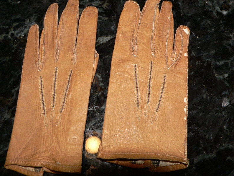 Antique Childs Gloves or Antique Dolls Gloves Tan Leather image 1