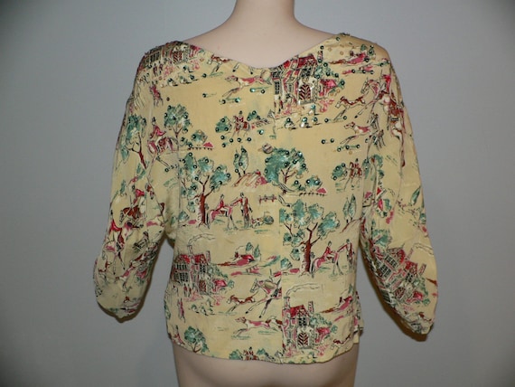 Vintage 1940's Novelty Rayon Print Blouse Foxhunt… - image 6