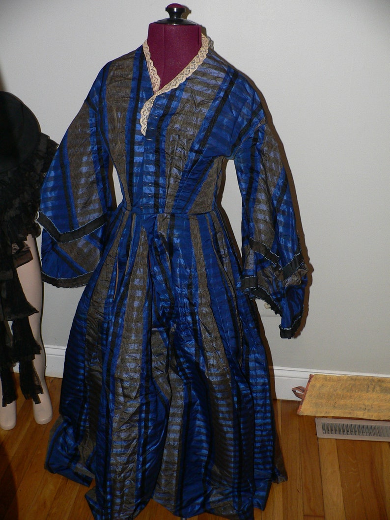 Antique Civil War 1860's Blue Silk Plaid Gown with Pagoda image 3