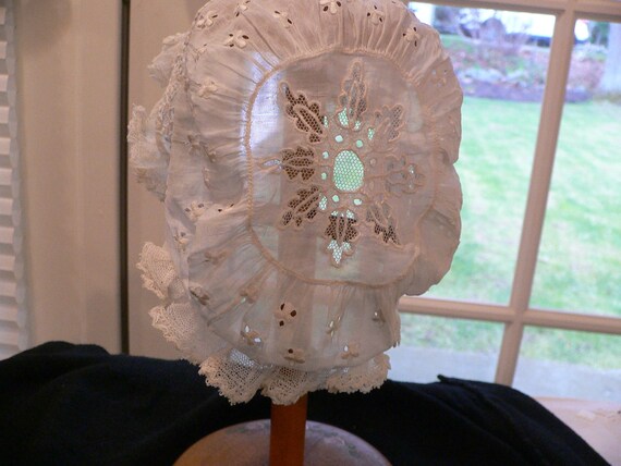 1850s - 1860s Antique Lace Embroidered Baby Bonnet - image 4