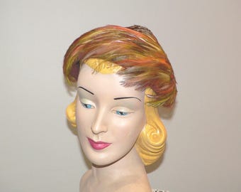 1950's - 60's Pheasant Feather Hat by Pinehurst, Fifth Ave NY Made for Cherry & Webb , 22 1/2