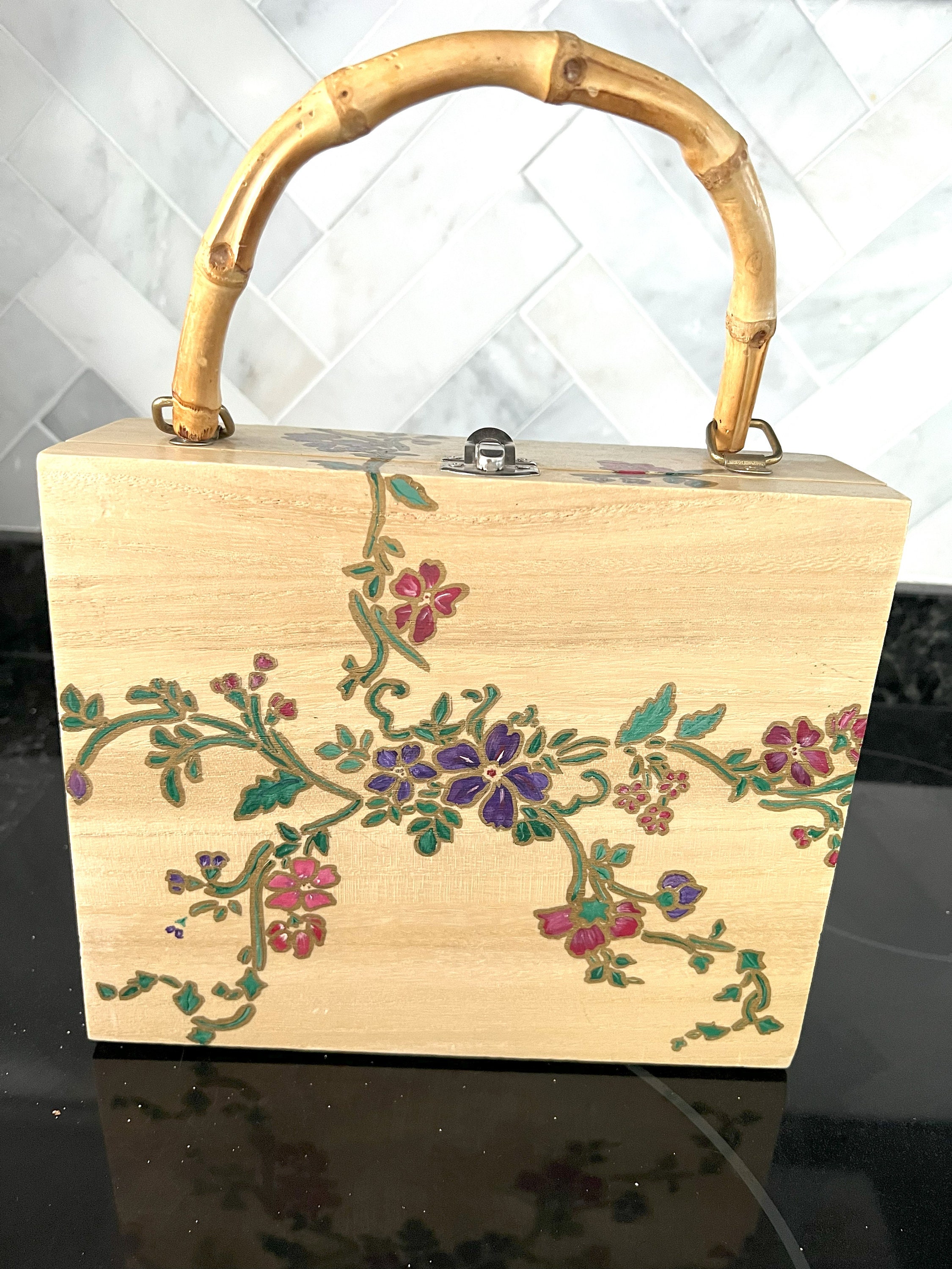 Handpainted Wooden Box Purse With Bamboo Handle - Etsy