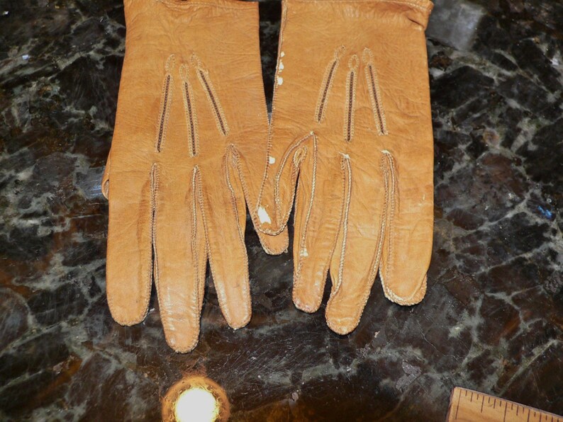 Antique Childs Gloves or Antique Dolls Gloves Tan Leather image 5