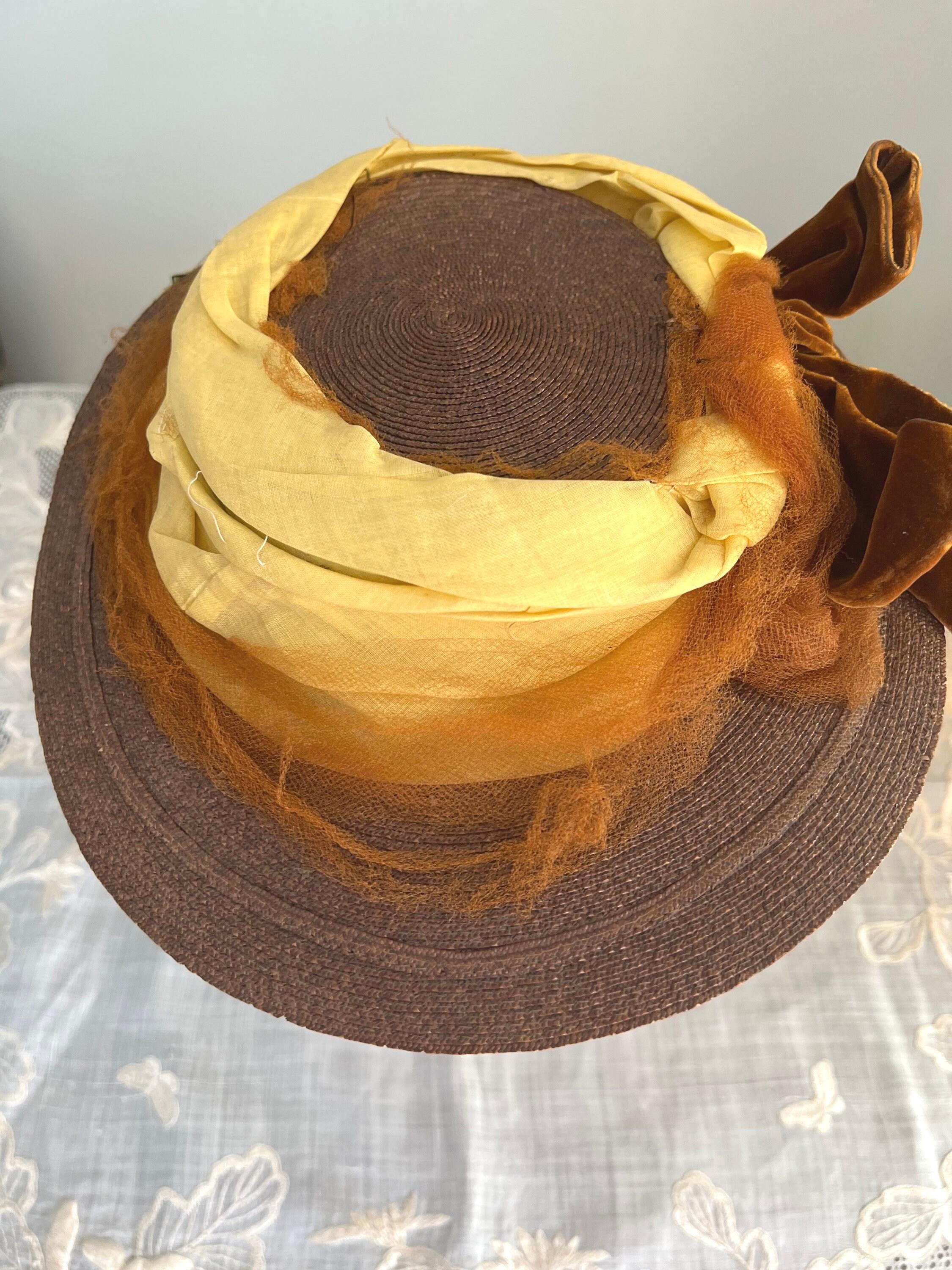 Antique 1890- 1900's Brown Straw Hat With Yellow and Rust Band and ...