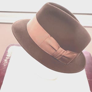 May include: A dark brown fedora hat with a light brown band. The hat has a classic shape with a wide brim and a ribbon band tied in a bow. The hat is likely made of felt or a similar material.