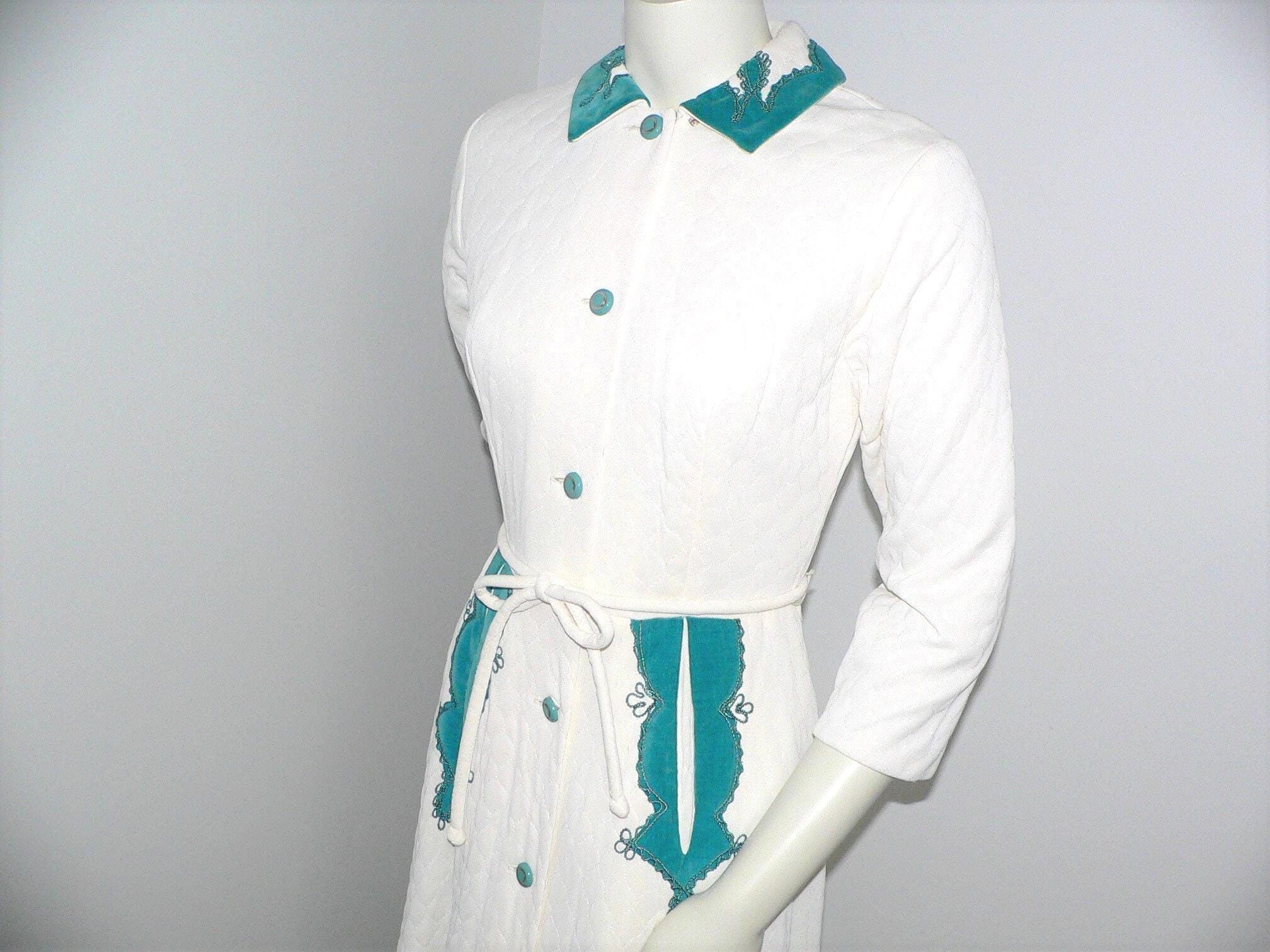 1950's - 60's White Quilted Robe With Dark Teal Velvet Trim, New Old ...