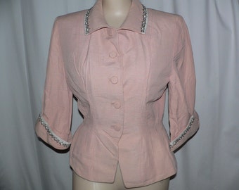 1940's Pale Dusty Rose Pink Blazer with Fitted Waist Trimmed with Beading
