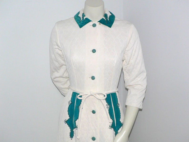 1950's - 60's White Quilted Robe With Dark Teal Velvet Trim, New Old ...