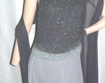 Vintage Terani Couture Gray Silk Ombre Gown w Beaded Top and Shawl