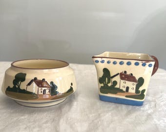 Vintage Motto Ware Zucker und quadratische Sahnekännchen mit handgemalten Häusern