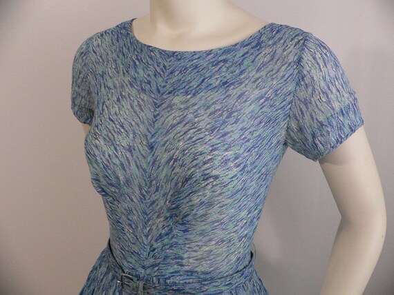 1950's Cotton Blue Print Cotton Dress with Full S… - image 3