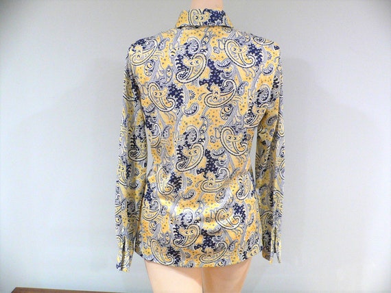 1970's Ecco Bay Polyester Mod Blouse, Yellow, Nav… - image 4