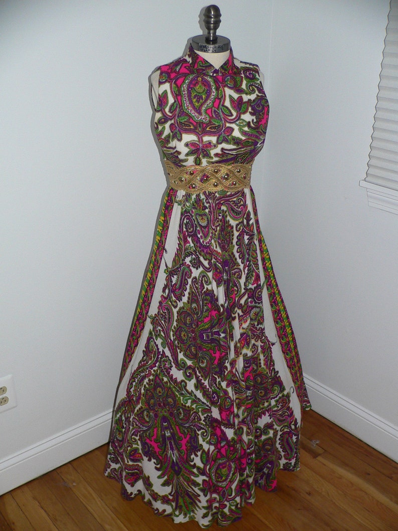 1970's Psychedelic Print Maxi Dress with Gold Braid and Bead Waist Band, Size XS image 3