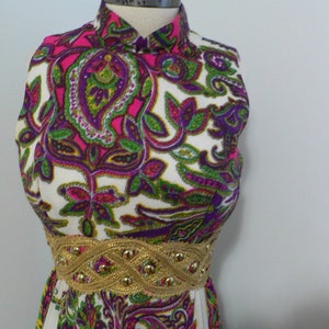 1970's Psychedelic Print Maxi Dress with Gold Braid and Bead Waist Band, Size XS image 1