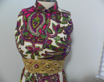 1970's Psychedelic  Print Maxi Dress with Gold Braid and Bead Waist Band, Size XS
