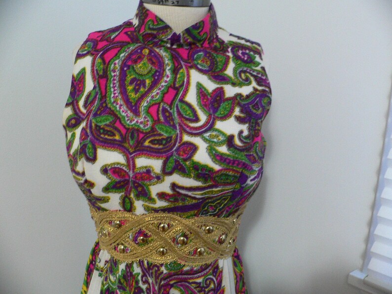 1970's Psychedelic Print Maxi Dress with Gold Braid and Bead Waist Band, Size XS image 1
