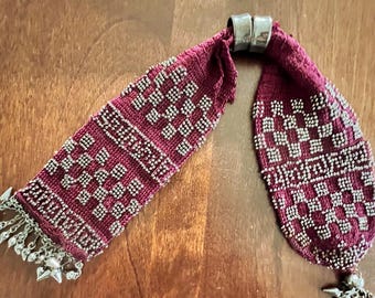 Antique Miser Purse with Steel Cut  Beads, Cranberry with Silver Steel Cut Beading