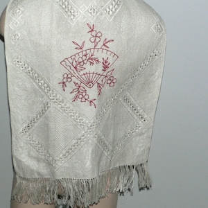 Antique Embroidered Child, Doll Bib with Fan and Flowers in Red and Fringe
