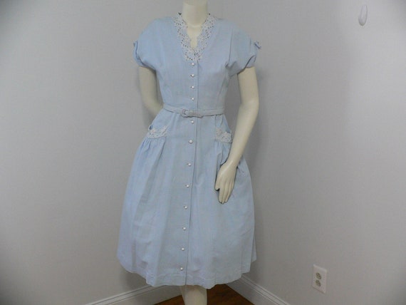 1940's Blue Pique Cotton Embroidered Summer Dress