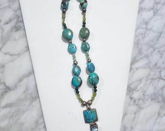 Torquoise Stone Necklace with Semi Precious and  Metal Beading-  Southwest  Influence