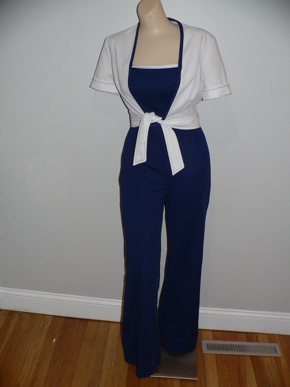 1970's Polyester Knit Jumpsuit with Jacket, Navy J