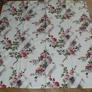 2 Pairs of Vintage Barkcloth Curtains and  Tablecloth, New Old Stock Roses Barkcloth Curtains, 5 Pieces Barkcloth