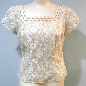 1950&#39;s Beige Nylon Lace and Cutout Blouse ,, A Blouse de Jour by Saab, Size 36