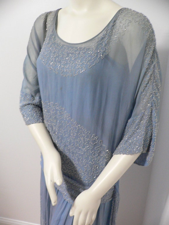 1920's Blue Silk Beaded Dress with Slip