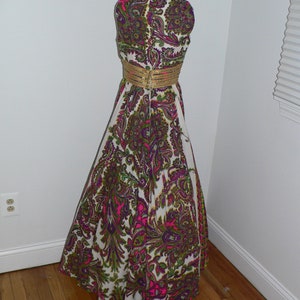 1970's Psychedelic Print Maxi Dress with Gold Braid and Bead Waist Band, Size XS image 6