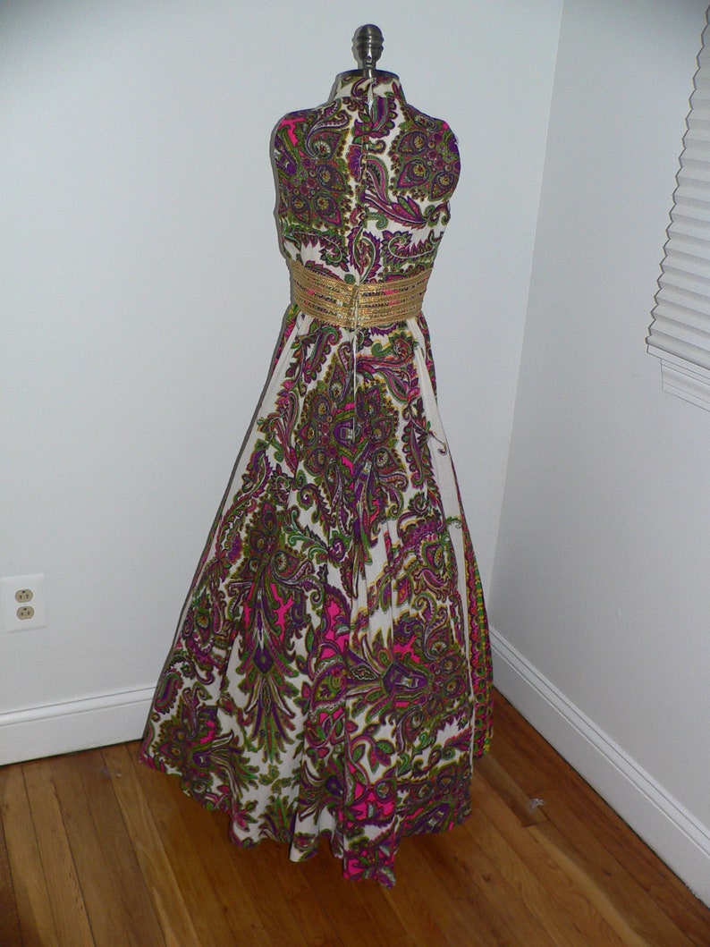 1970's Psychedelic Print Maxi Dress with Gold Braid and Bead Waist Band, Size XS image 6