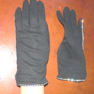 1950&#39;s - 60&#39;s Crescendoe Rhinestone Gloves, Black Cotton Gloves with Rhinestone Trim, Size 7