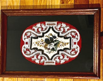 Antique Victorian Embroidered Needle Point Beaded / Wood Vanity or Serving Tray