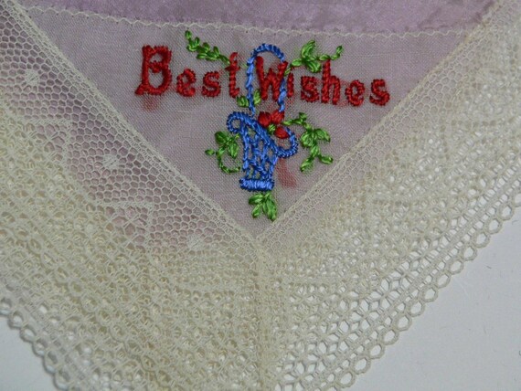 Vintage 40's Silk Hankie with Lace ,Best Wishes H… - image 1