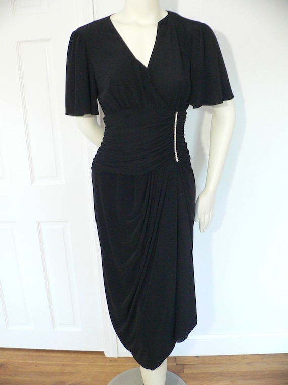 70s Does 40s Jersey Black Drape Dress with Rhinest