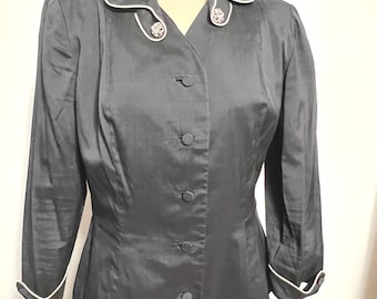 1940's Lady Renlyn Top / Suit Jacket,  Black Nipped Waist Top with Cream Cording and Rhinestone Accents, Size 38