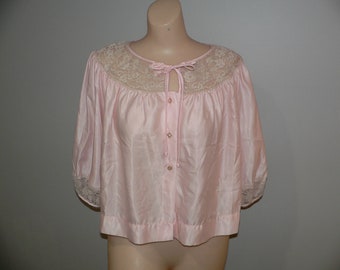 1960's Barbizon Pink Satin De Lys Bed Jacket with Beige Lace Trim. New Old Stock, Size Small- Medium