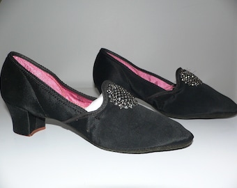 1930's  Boudoir Slippers Black Satin with Steel Cut Buckles by Oppenheimer Collins Dept Store