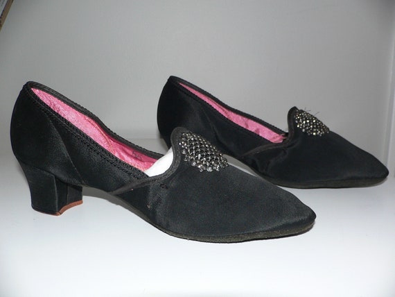 1930's Boudoir Slippers Black Satin with Steel Cu