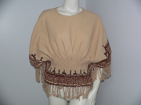 Vintage 1970's Poncho Top, Boho Braided Trimmed F