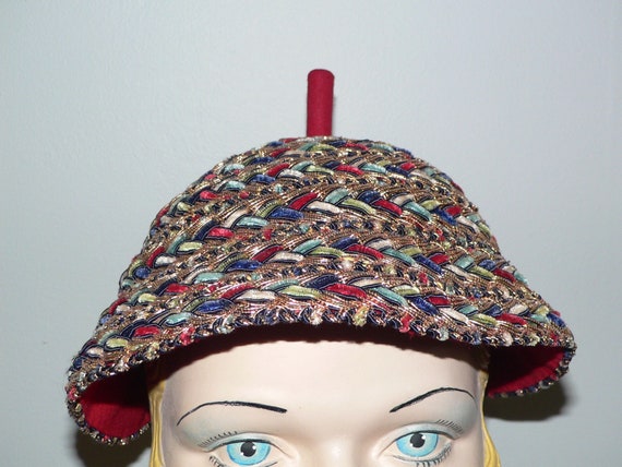 Vintage 1940's Cone Shaped Woven Hat Of Colorful … - image 1