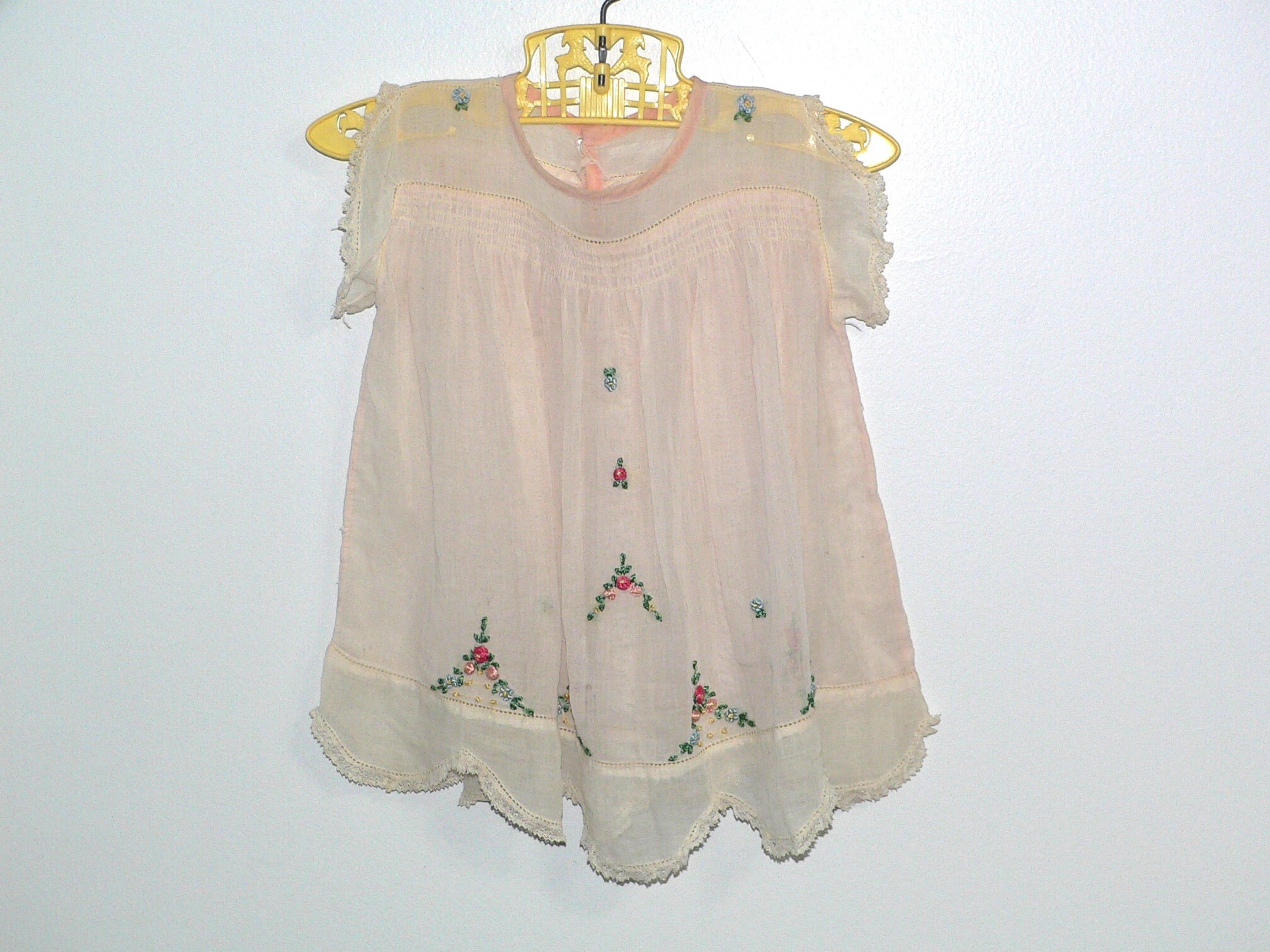 1920's Pale Pink Cotton Embroidered Baby Dress wtih Embroidered Flowers and Hanger