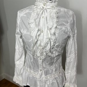 Vintage Edwardian Style White Blouse with Embroidery and Lace, XS