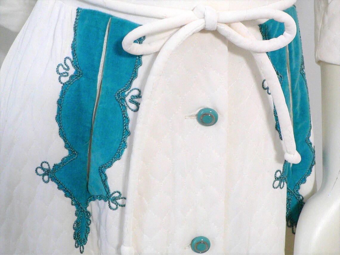 1950's - 60's White Quilted Robe With Dark Teal Velvet Trim, New Old ...