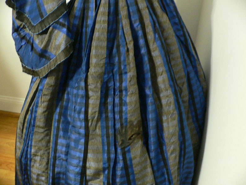 Antique Civil War 1860's Blue Silk Plaid Gown with Pagoda image 7