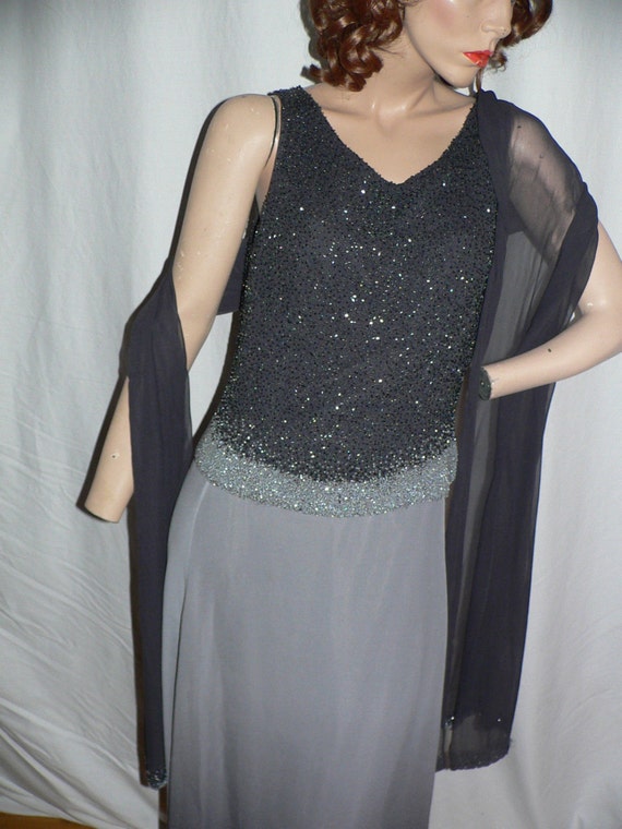 Vintage Terani Couture Gray Silk Ombre Gown w Bead