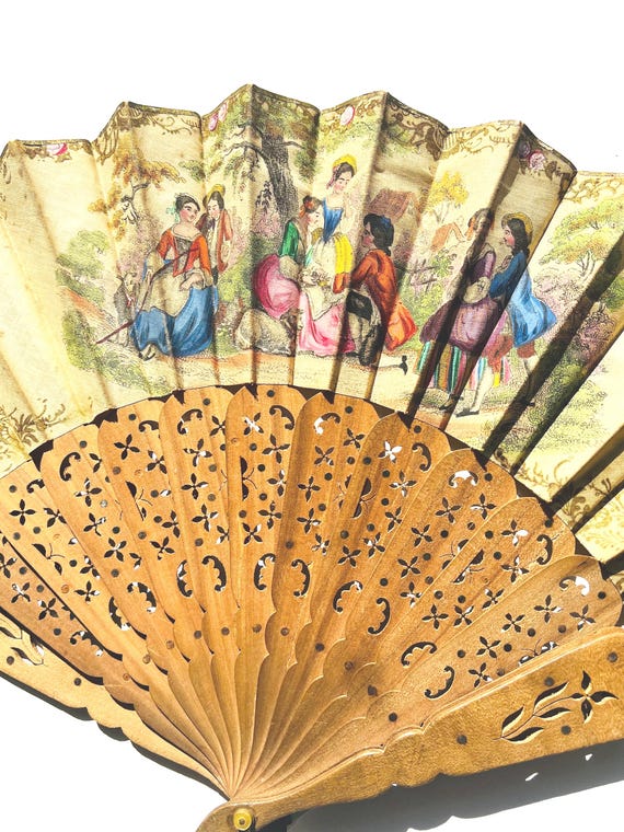 Antique Hand Painted Linen Fan with Carved Wooden Sticks