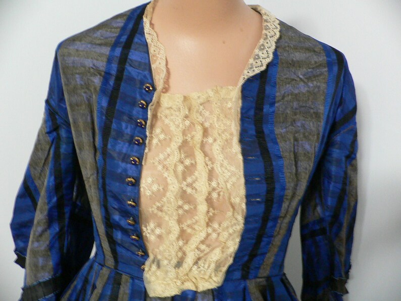 Antique Civil War 1860's Blue Silk Plaid Gown with Pagoda image 1