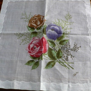 Vintage Hand Printed Hanky with 3 Roses by Collette, New with Tag