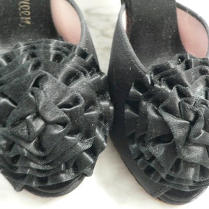 1950's - 60's Vintage Daniel Green Black Satin Boudoir Slippers with Pom Poms , Size 6.5 B