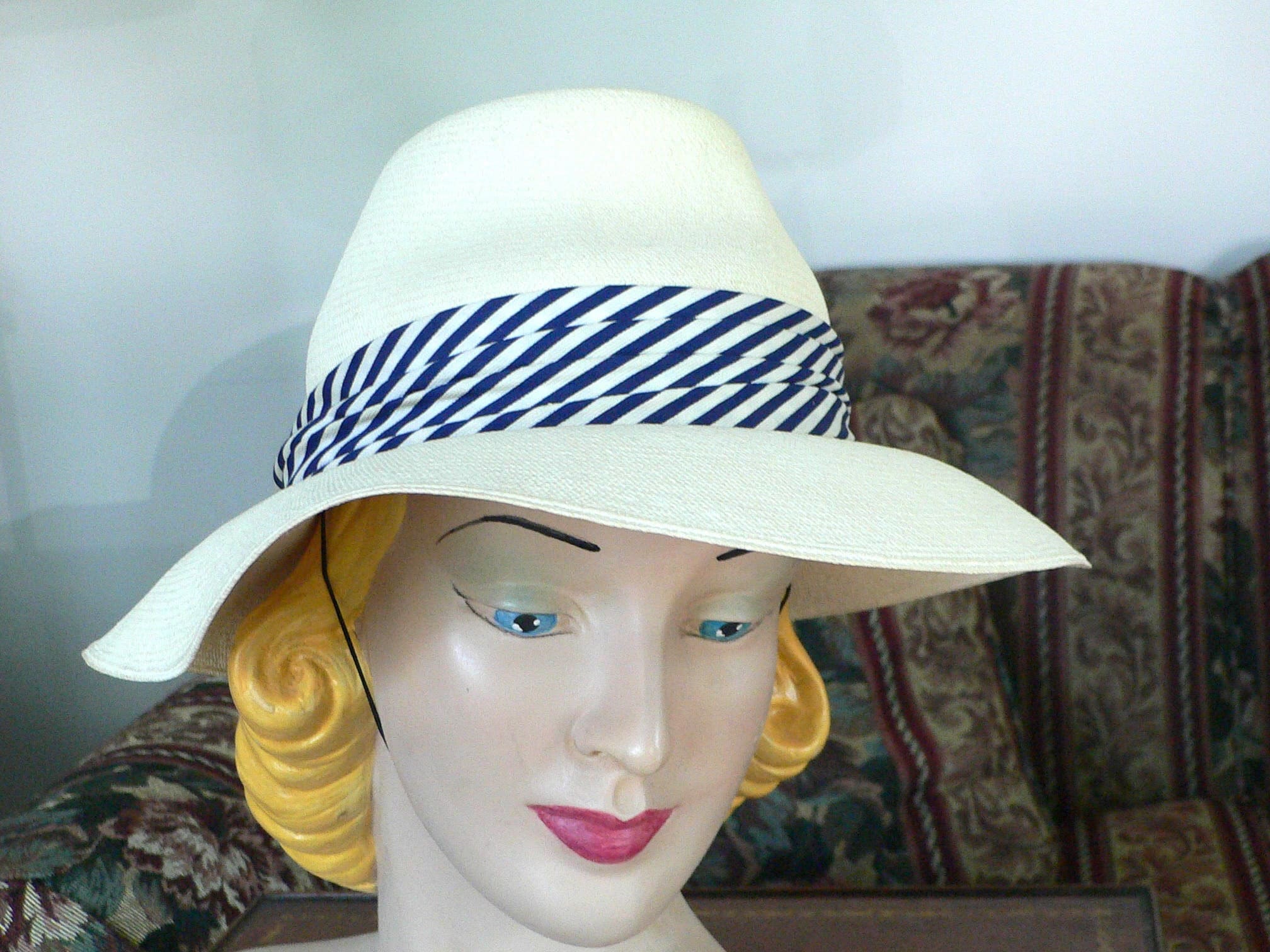 帽子 50s VINTAGE LEE whippet cl 7 1/4 58cm Vintage 1940's to 50's Genuine Panama Hat With Blue and White